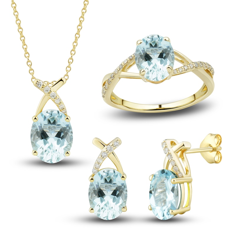 Main Image 1 of Natural Aquamarine Ring, Earring & Necklace Set 1/5 ct tw Diamonds 10K Yellow Gold