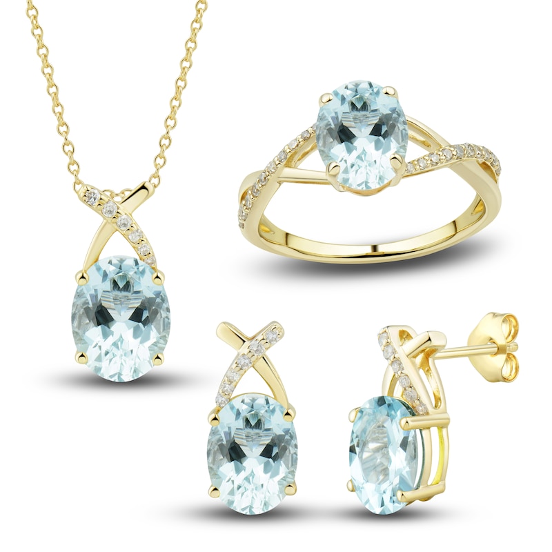 Natural Aquamarine Ring, Earring & Necklace Set 1/5 ct tw Diamonds 10K Yellow Gold