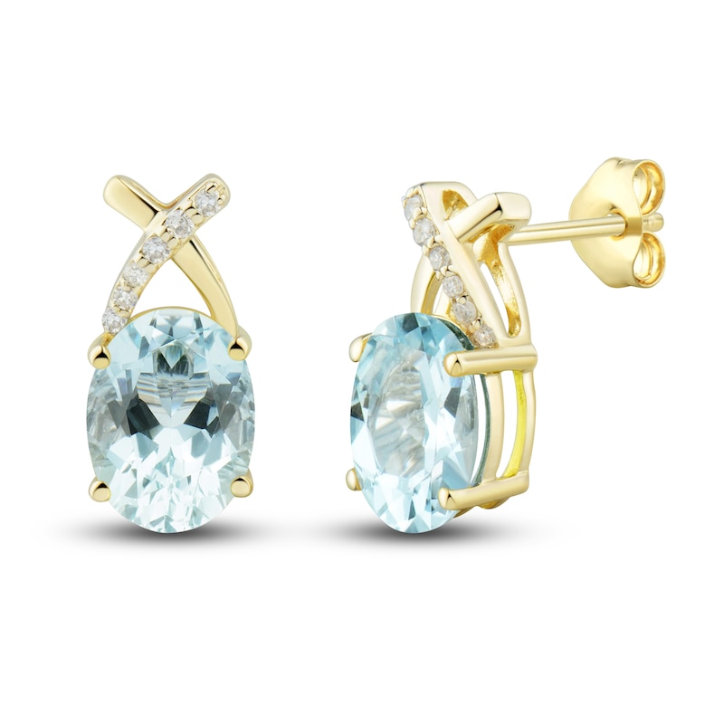 Natural Aquamarine Ring, Earring & Necklace Set 1/5 ct tw Diamonds 10K Yellow Gold