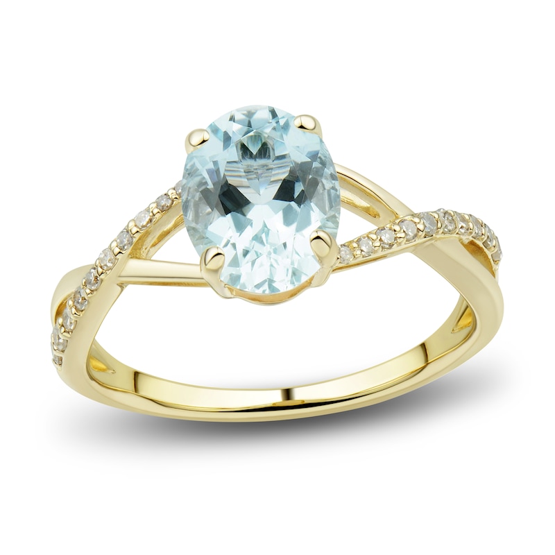 Natural Aquamarine Ring, Earring & Necklace Set 1/5 ct tw Diamonds 10K Yellow Gold