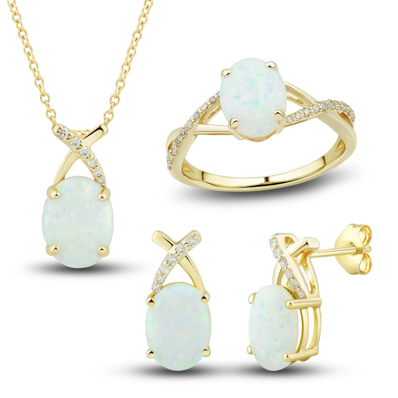 Main Image 1 of Lab-Created Opal Ring, Earring & Necklace Set 1/5 ct tw Diamonds 10K Yellow Gold