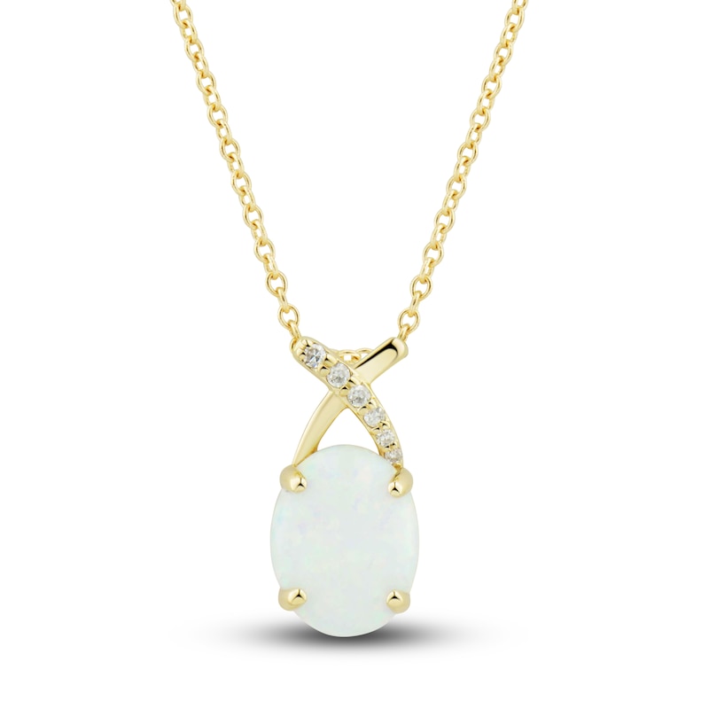 Main Image 2 of Lab-Created Opal Ring, Earring & Necklace Set 1/5 ct tw Diamonds 10K Yellow Gold