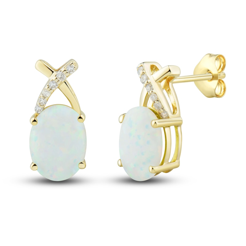 Main Image 3 of Lab-Created Opal Ring, Earring & Necklace Set 1/5 ct tw Diamonds 10K Yellow Gold