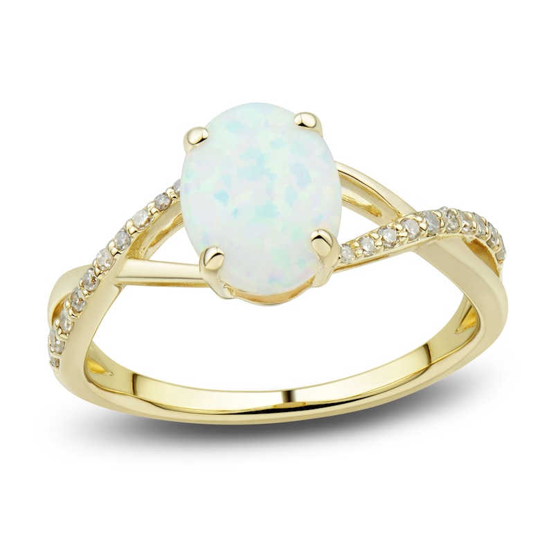 Main Image 4 of Lab-Created Opal Ring, Earring & Necklace Set 1/5 ct tw Diamonds 10K Yellow Gold