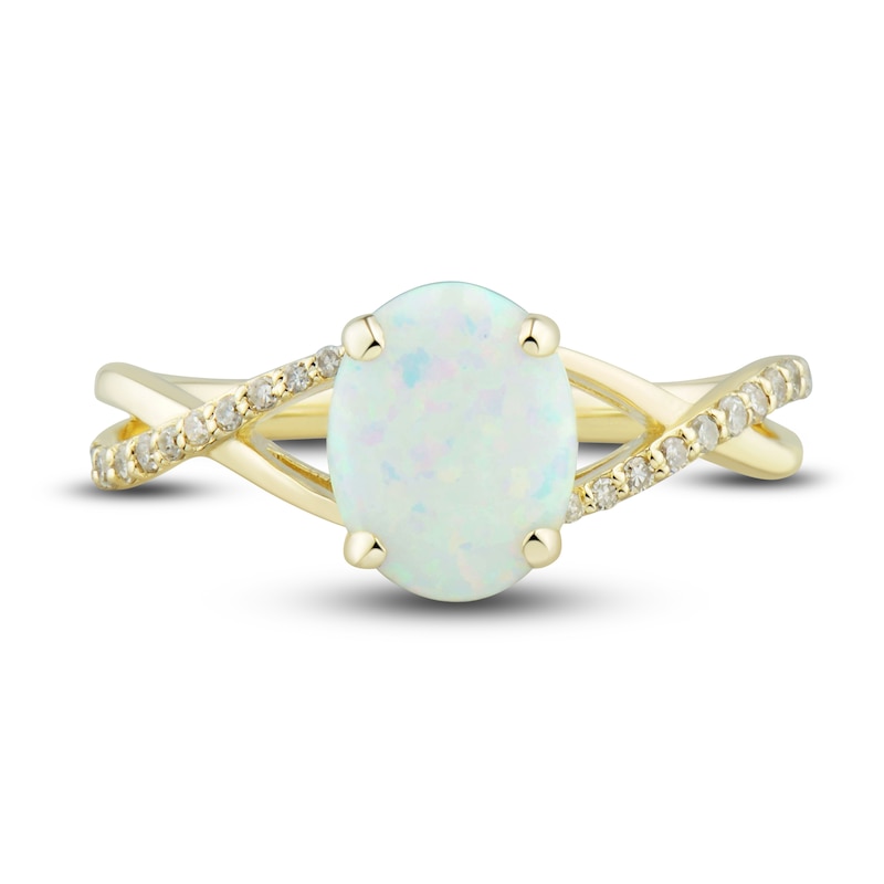 Main Image 5 of Lab-Created Opal Ring, Earring & Necklace Set 1/5 ct tw Diamonds 10K Yellow Gold