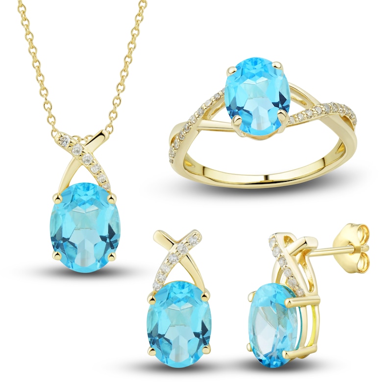 Main Image 1 of Natural Swiss Blue Topaz Ring, Earring & Necklace Set 1/5 ct tw Diamonds 10K Yellow Gold