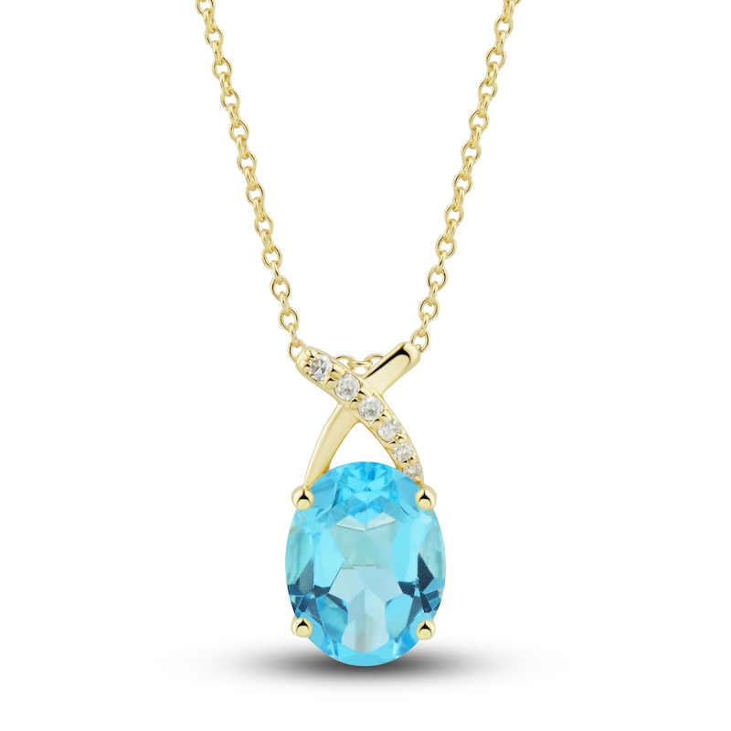 Main Image 2 of Natural Swiss Blue Topaz Ring, Earring & Necklace Set 1/5 ct tw Diamonds 10K Yellow Gold