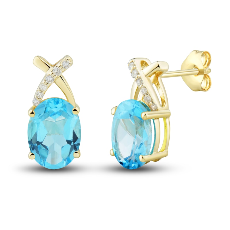 Main Image 3 of Natural Swiss Blue Topaz Ring, Earring & Necklace Set 1/5 ct tw Diamonds 10K Yellow Gold