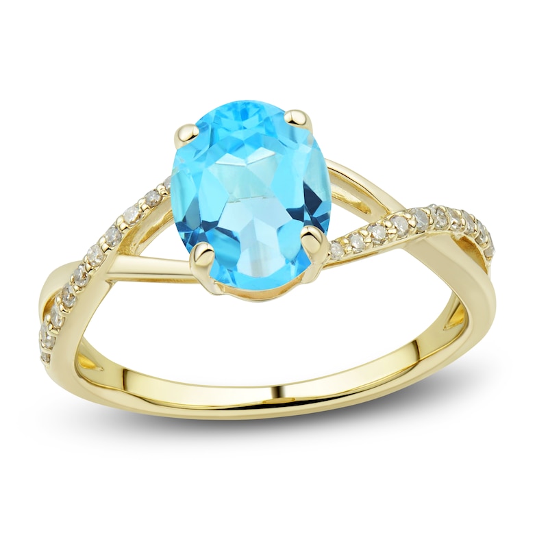 Main Image 4 of Natural Swiss Blue Topaz Ring, Earring & Necklace Set 1/5 ct tw Diamonds 10K Yellow Gold