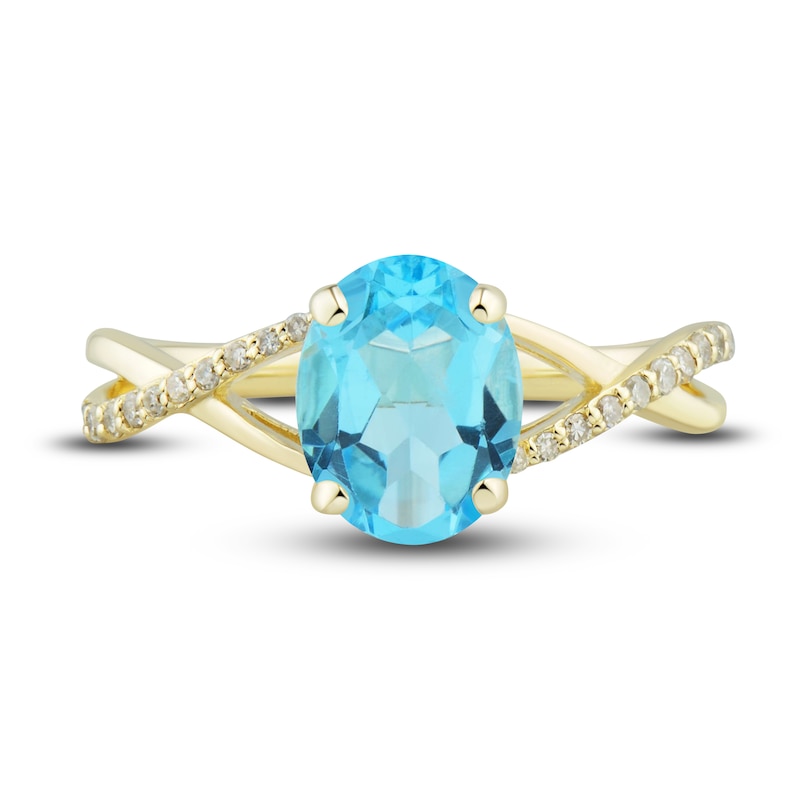 Main Image 5 of Natural Swiss Blue Topaz Ring, Earring & Necklace Set 1/5 ct tw Diamonds 10K Yellow Gold