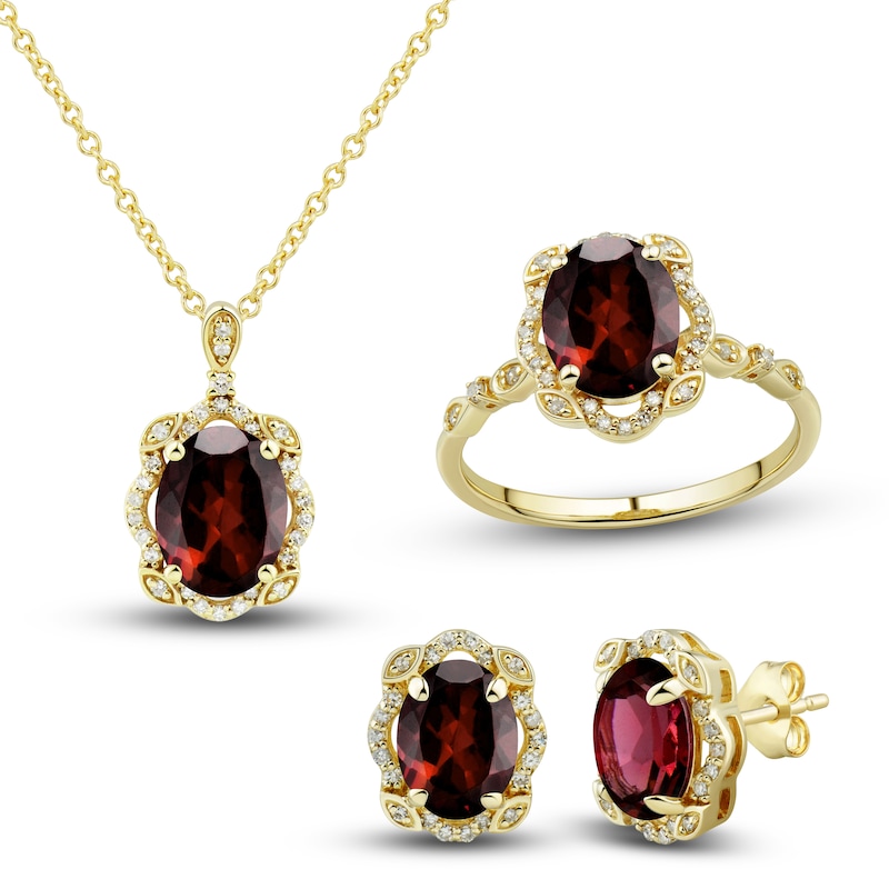 Natural Garnet Ring, Earring & Necklace Set 1/3 ct tw Diamonds 10K Yellow Gold