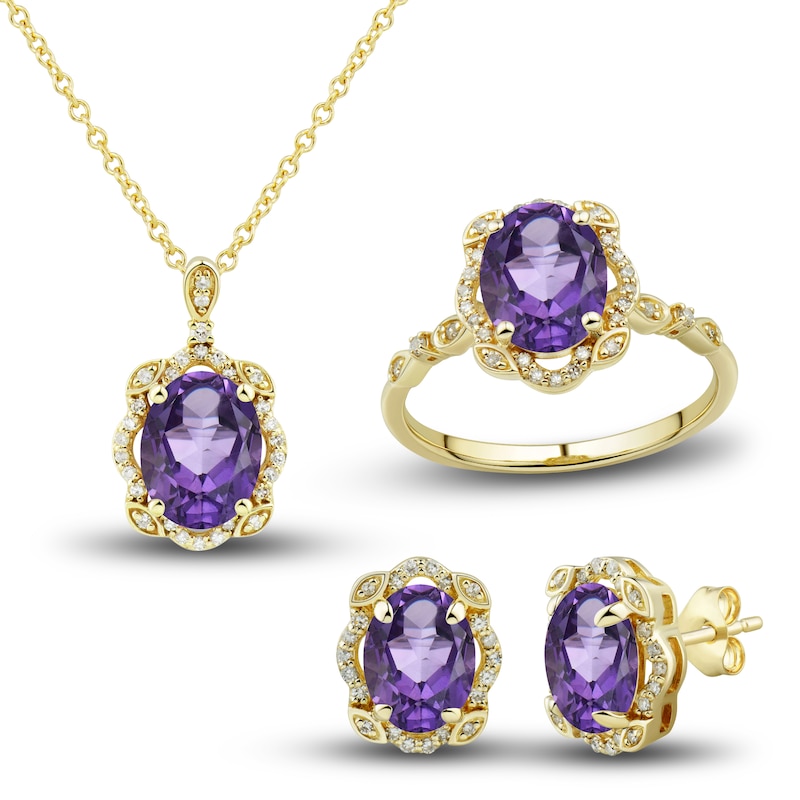 Natural Amethyst Ring, Earring & Necklace Set 1/3 ct tw Diamonds 10K Yellow Gold