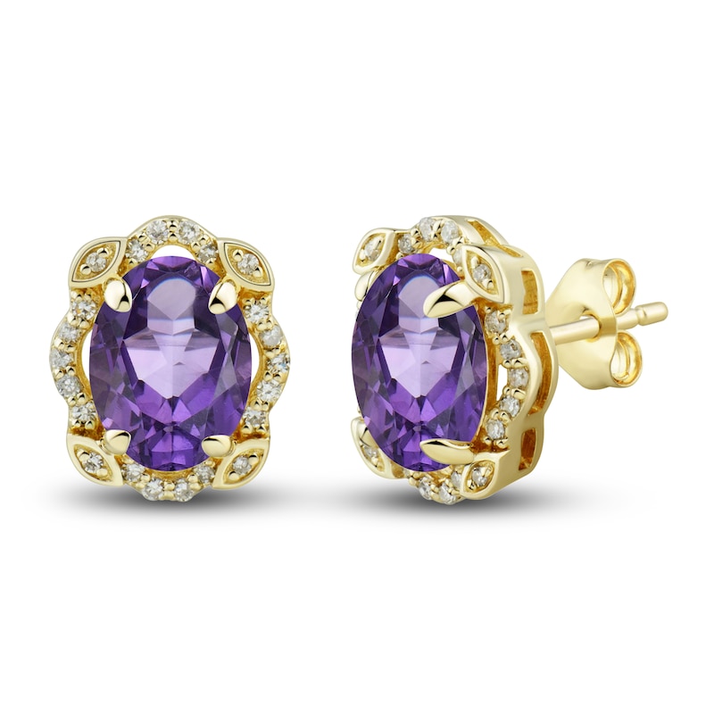 Natural Amethyst Ring, Earring & Necklace Set 1/3 ct tw Diamonds 10K Yellow Gold