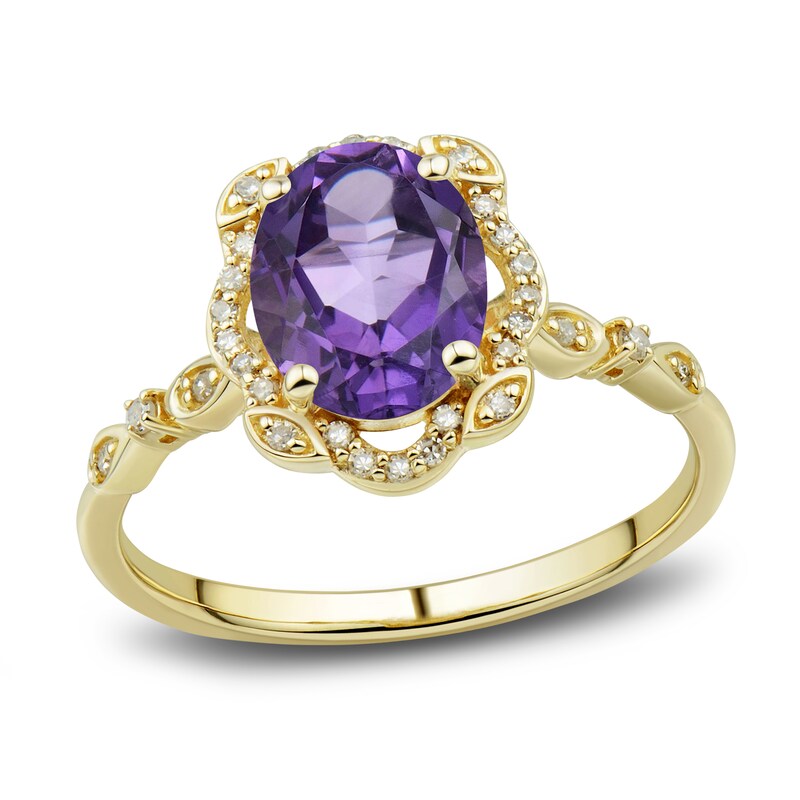 Natural Amethyst Ring, Earring & Necklace Set 1/3 ct tw Diamonds 10K Yellow Gold