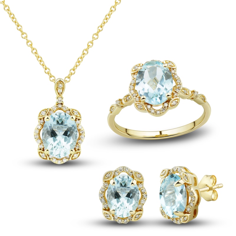 Natural Aquamarine Ring, Earring & Necklace Set 1/3 ct tw Diamonds 10K Yellow Gold