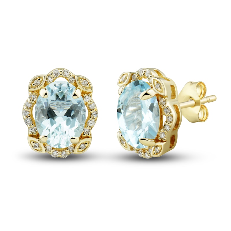 Natural Aquamarine Ring, Earring & Necklace Set 1/3 ct tw Diamonds 10K Yellow Gold