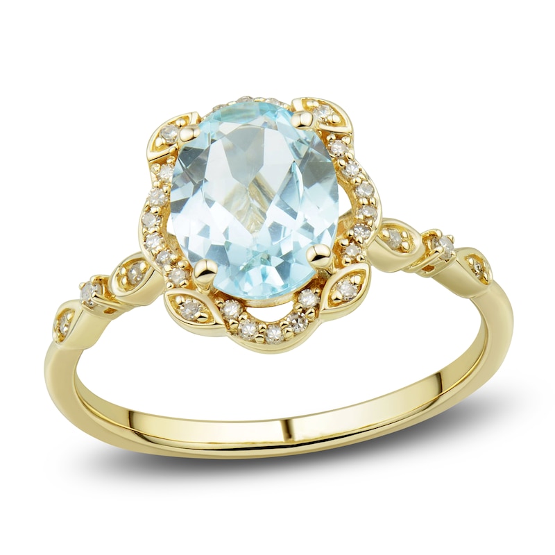 Natural Aquamarine Ring, Earring & Necklace Set 1/3 ct tw Diamonds 10K Yellow Gold