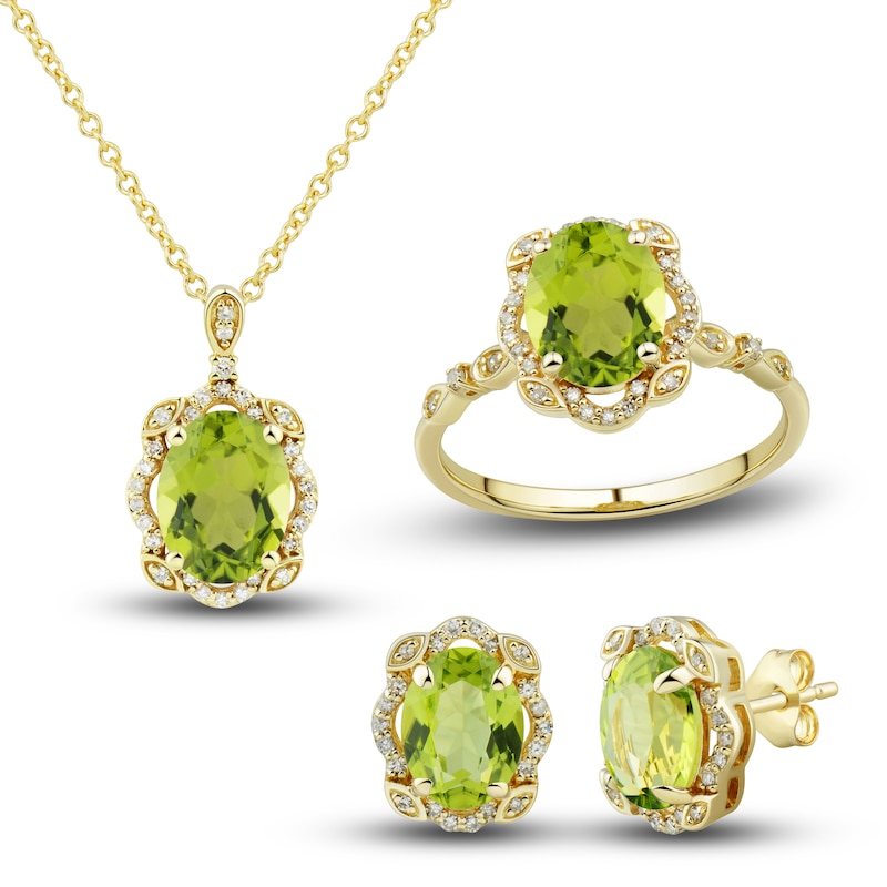 Main Image 1 of Natural Peridot Ring, Earring & Necklace Set 1/3 ct tw Emerald 10K Yellow Gold