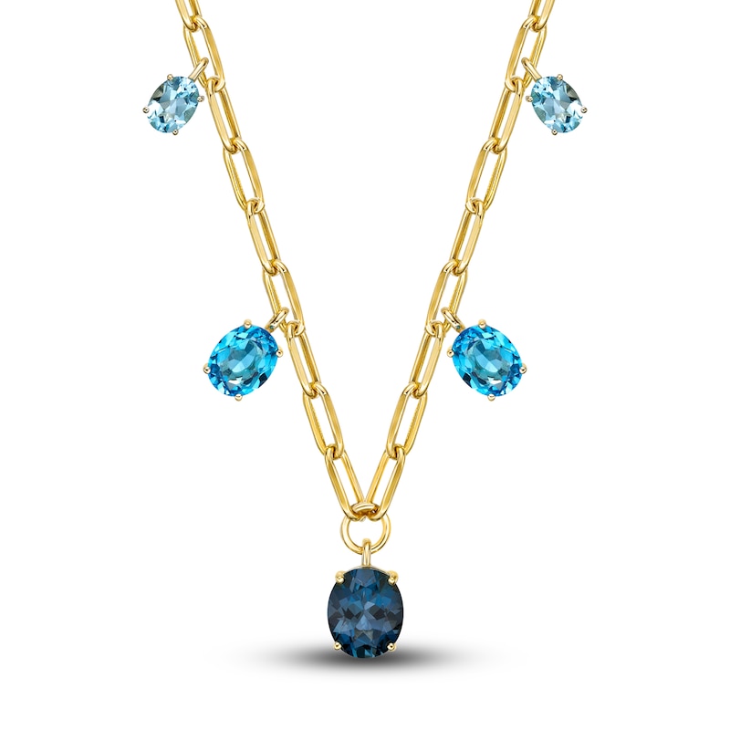Main Image 1 of Natural Blue Topaz Paperclip Station Necklace 10K Yellow Gold 18&quot;