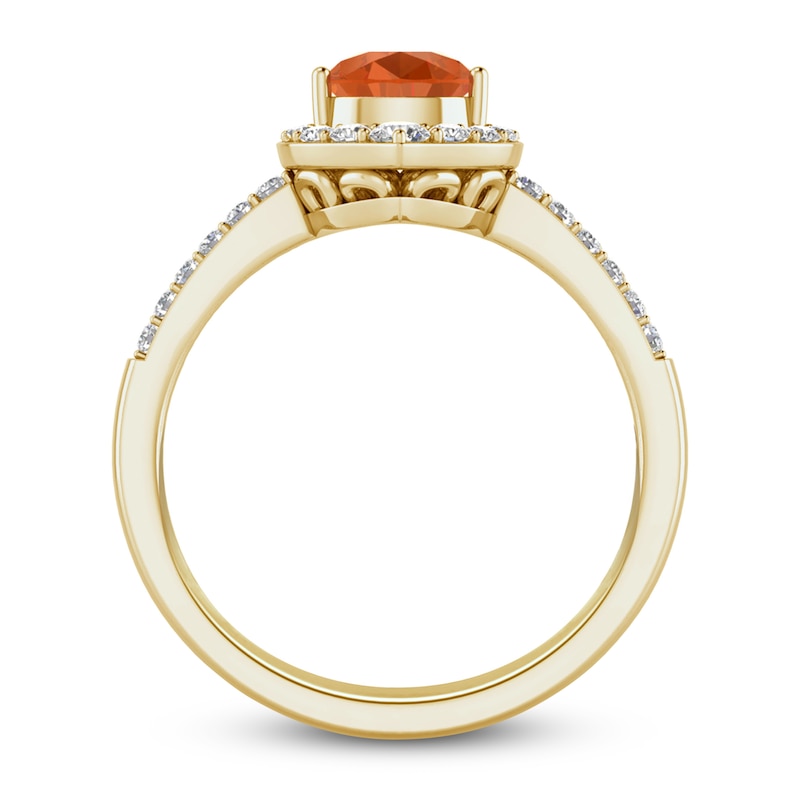 Main Image 2 of Natural Fire Opal Ring 1/4 ct tw Diamonds 10K Yellow Gold