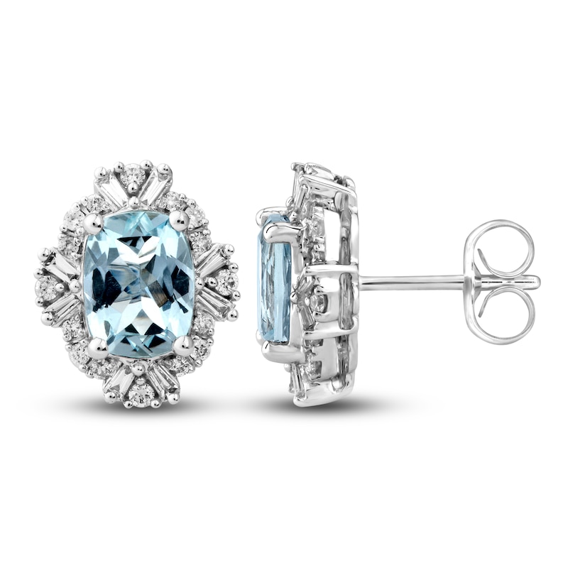 Natural Aquamarine Stud Earrings 3/8 ct tw Diamonds 10K White Gold