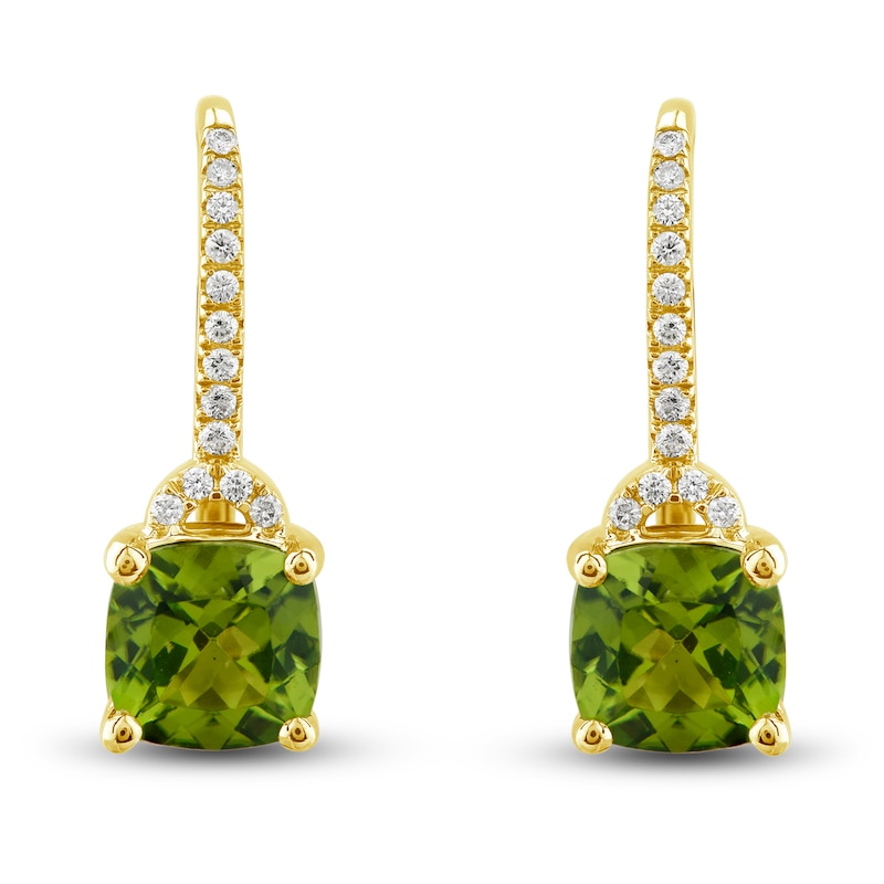 Natural Peridot Drop Earrings 1/6 ct tw Diamonds 10K Yellow Gold