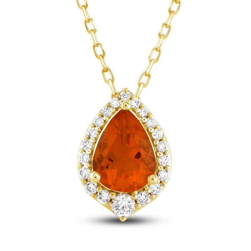Main Image 1 of Natural Fire Opal Pendant Necklace 1/6 ct tw Diamonds 10K Yellow Gold 18"