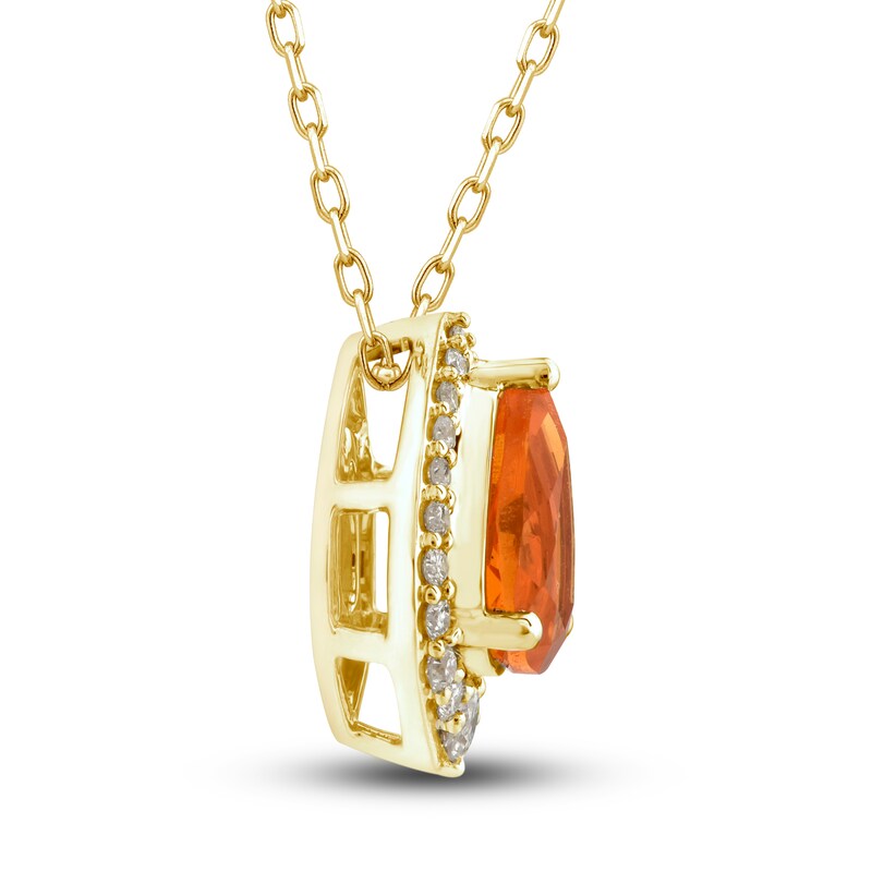 Main Image 2 of Natural Fire Opal Pendant Necklace 1/6 ct tw Diamonds 10K Yellow Gold 18"