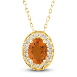 Natural Fire Opal Pendant Necklace 1/8 ct tw Diamonds 10K Yellow Gold 18&quot;