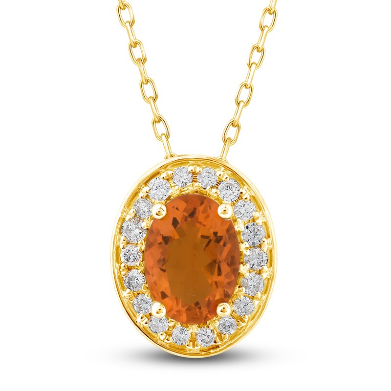 Main Image 1 of Natural Fire Opal Pendant Necklace 1/8 ct tw Diamonds 10K Yellow Gold 18"
