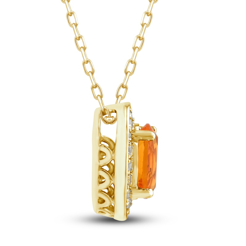 Main Image 2 of Natural Fire Opal Pendant Necklace 1/8 ct tw Diamonds 10K Yellow Gold 18"
