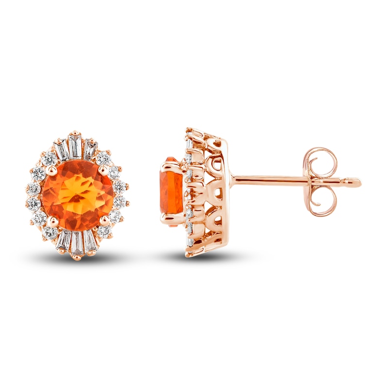 Natural Fire Opal Stud Earrings 1/5 ct tw Diamonds 10K Rose Gold