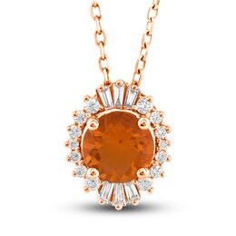 Natural Fire Opal Pendant Necklace 1/6 ct tw Diamonds 10K Rose Gold 18&quot;