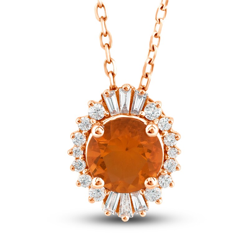 Main Image 1 of Natural Fire Opal Pendant Necklace 1/6 ct tw Diamonds 10K Rose Gold 18"