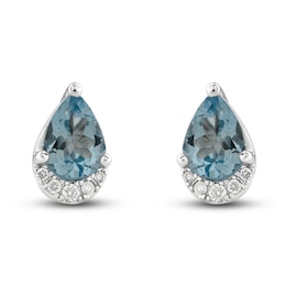 Natural Aquamarine Stud Earrings 1/20 ct tw Diamonds 10K White Gold