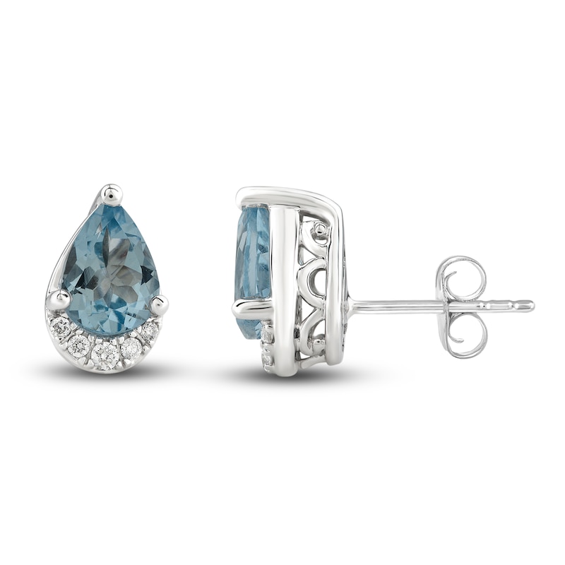 Natural Aquamarine Stud Earrings 1/20 ct tw Diamonds 10K White Gold