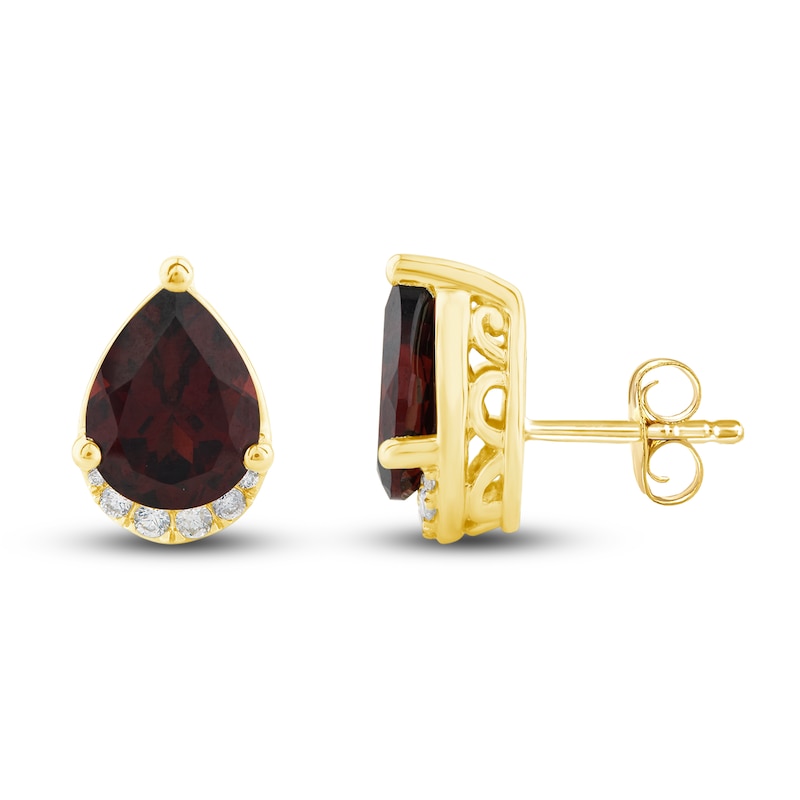 Main Image 2 of Natural Garnet Stud Earrings 1/10 ct tw Diamonds 10K Yellow Gold