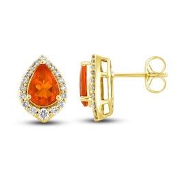 Natural Fire Opal Stud Earrings 1/4 ct tw Diamonds 10K Yellow Gold