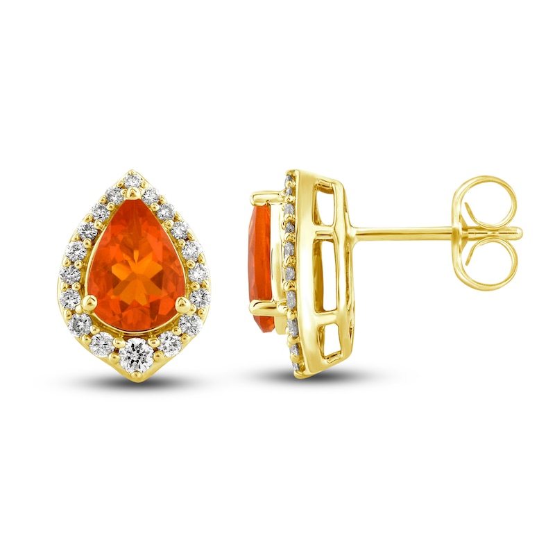 Main Image 1 of Natural Fire Opal Stud Earrings 1/4 ct tw Diamonds 10K Yellow Gold