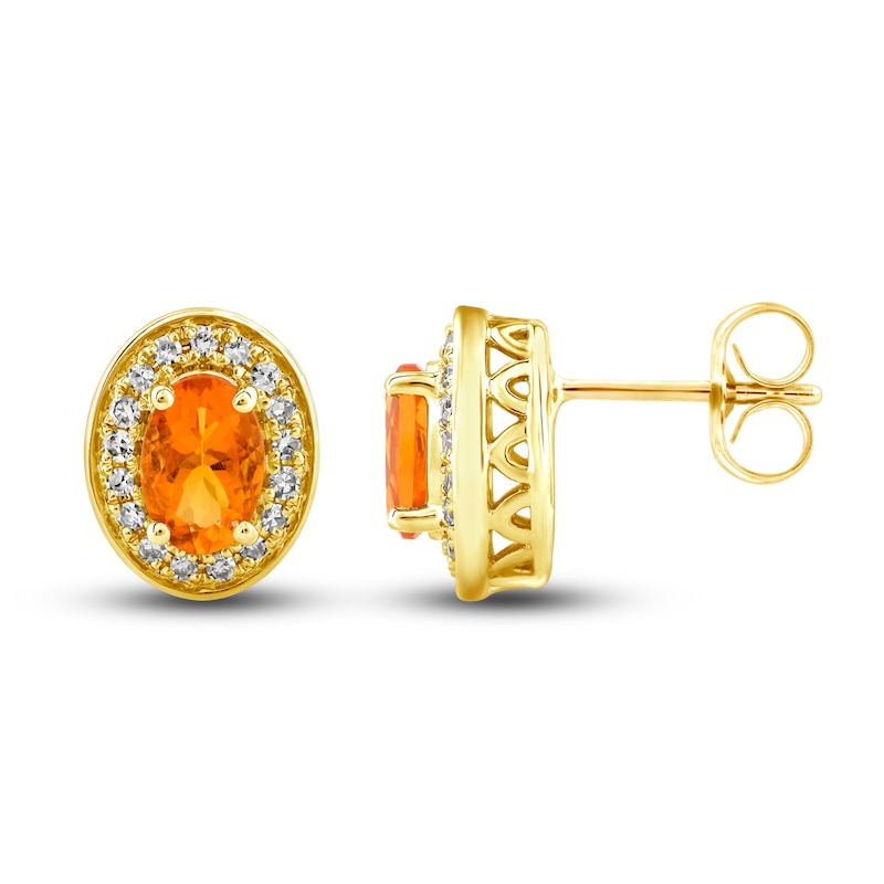 Natural Fire Opal Stud Earrings 1/6 ct tw Diamonds 10K Yellow Gold