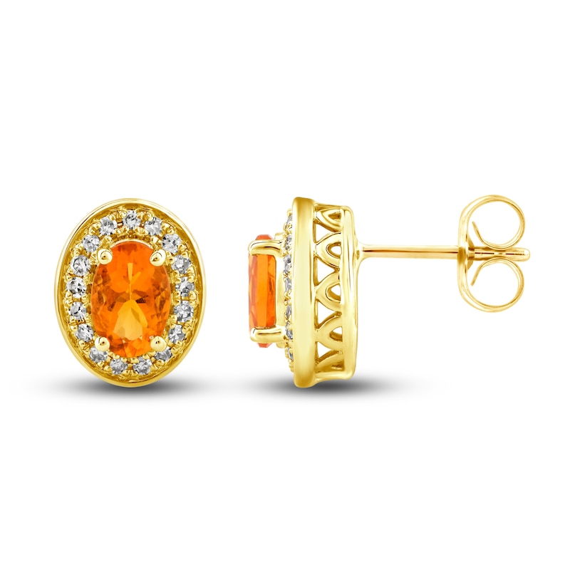 Main Image 1 of Natural Fire Opal Stud Earrings 1/6 ct tw Diamonds 10K Yellow Gold