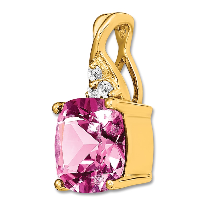 Main Image 2 of Pink Lab-Created Sapphire Necklace Charm Diamond Accents 14K Yellow Gold