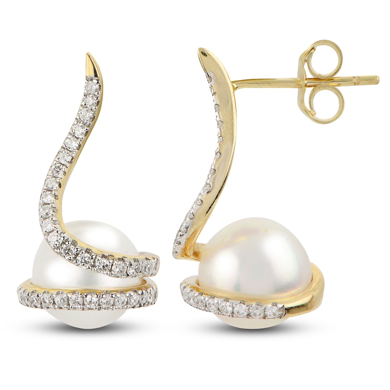Main Image 1 of Akoya Cultured Pearl Earrings 1/3 ct tw Diamonds 14K Yellow Gold