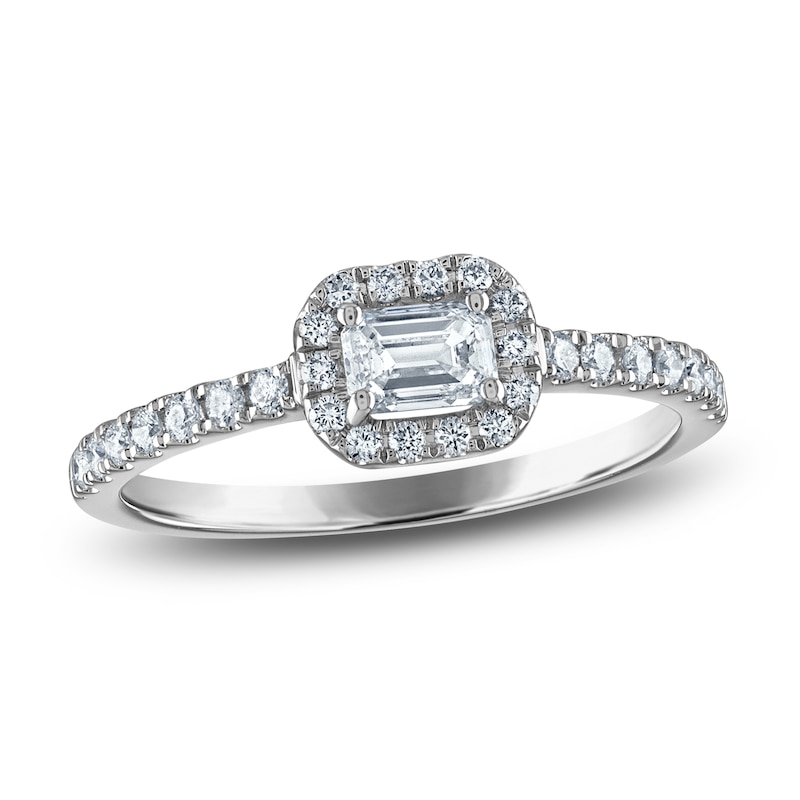 Main Image 1 of Emerald & Round-Cut Diamond Halo Ring 1/2 ct tw 10K White Gold