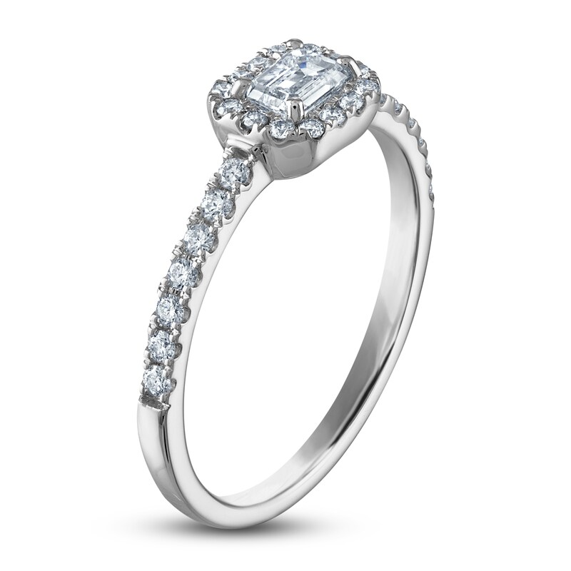 Main Image 2 of Emerald & Round-Cut Diamond Halo Ring 1/2 ct tw 10K White Gold