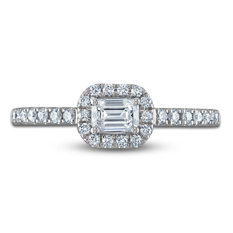 Main Image 3 of Emerald & Round-Cut Diamond Halo Ring 1/2 ct tw 10K White Gold