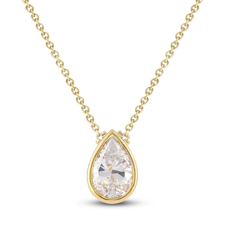 Main Image 1 of Pear-Shaped Lab-Grown Diamond Bezel-Set Solitaire Necklace 1 ct tw 18K Yellow Gold 18" (F/VS2)