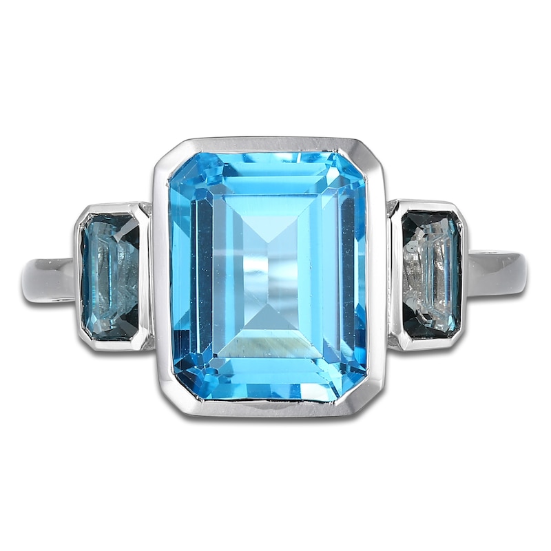 Main Image 3 of Rectangle-Cut Natural Swiss Blue Topaz & London Blue Topaz Bezel Ring 10K White Gold