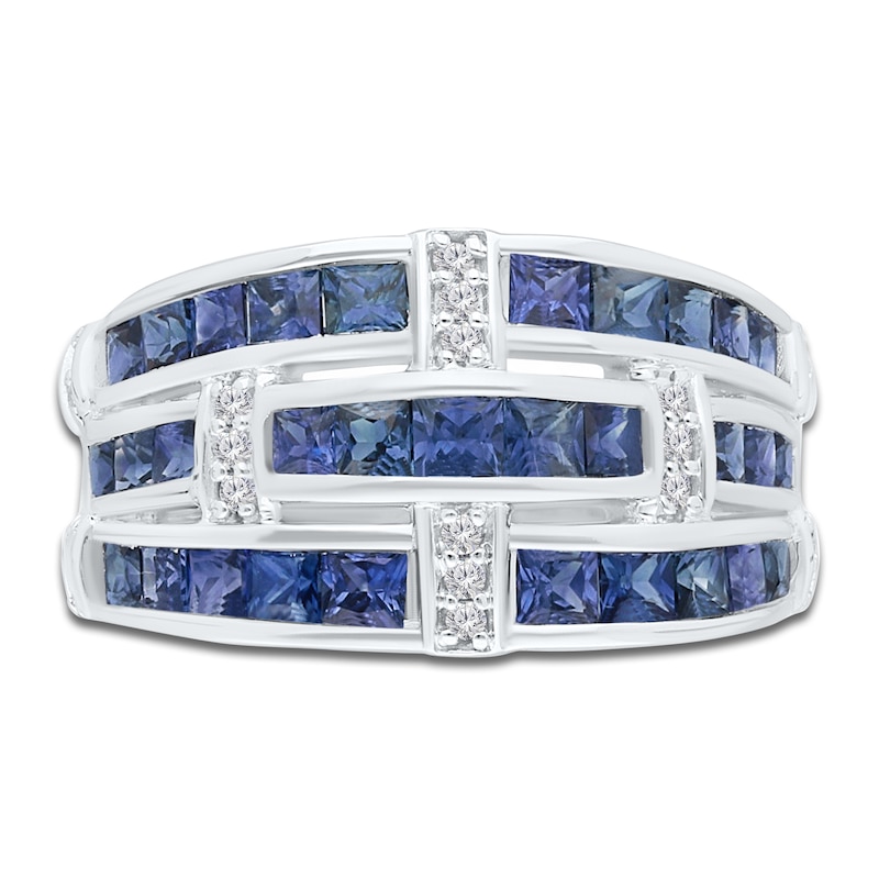 Main Image 2 of Kallati Square-Cut Natural Blue Sapphire & Diamond Three-Row Ring 1/10 ct tw 14K White Gold