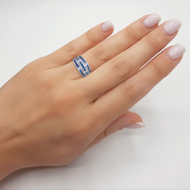 Main Image 3 of Kallati Square-Cut Natural Blue Sapphire & Diamond Three-Row Ring 1/10 ct tw 14K White Gold